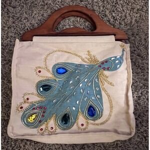 Vintage‎ Linen Peacock Wooden Handle Handbag W/Rhinestones 10"x13x3"